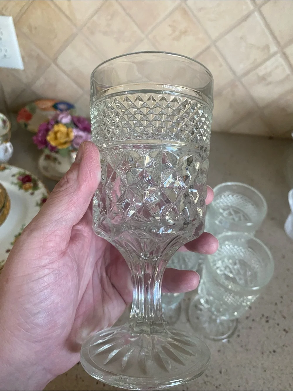 Clear Pressed Glass Goblet Set - Elegant Patterned Wine Glasses (Set of 6)